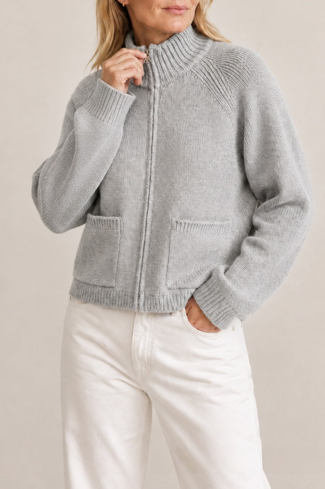 Full Zip Mock Neck Knit Sweater with Patch Pockets - Grey - 1