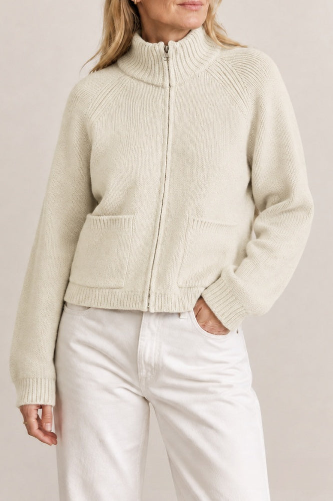 Full Zip Mock Neck Knit Sweater with Patch Pockets - Off_White