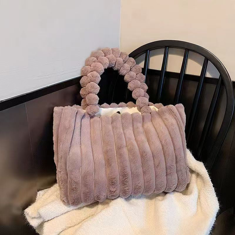 Ribbed Faux Fur Tote Bag With Beaded Handle - Purple