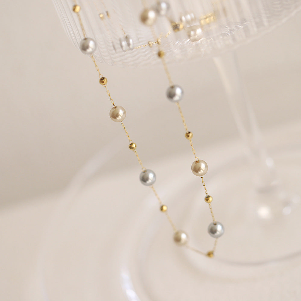 Pearl Station Layering Necklace - Gold - 1