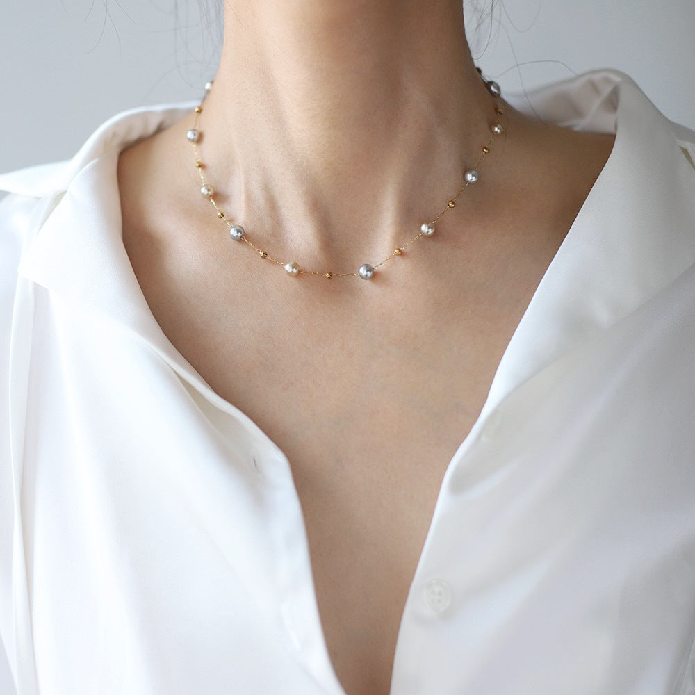 Pearl Station Layering Necklace - Gold - 2