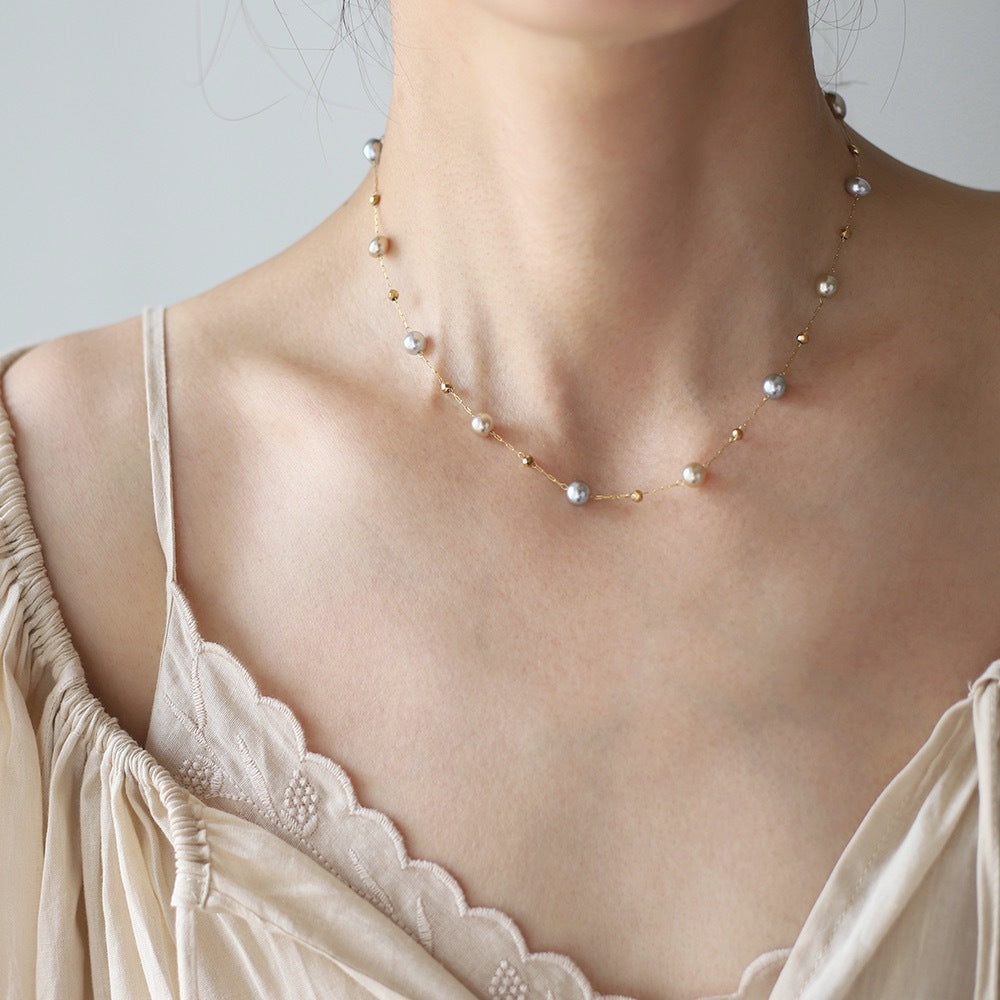 Pearl Station Layering Necklace - Gold - 3