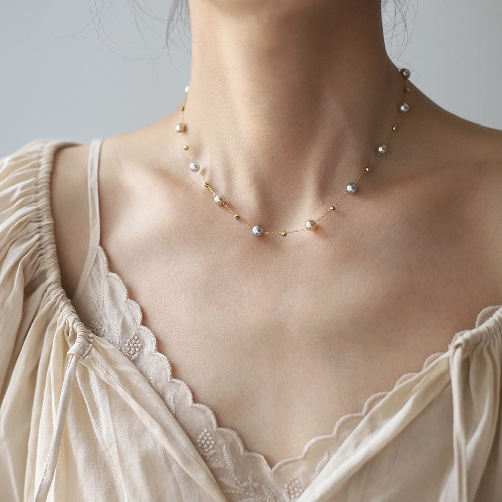 Pearl Station Layering Necklace - Gold - 4