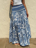 Smocked Waist Paisley Bohemian Maxi Skirt - Blue