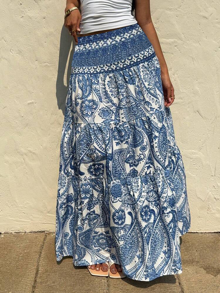 Smocked Waist Paisley Bohemian Maxi Skirt - Blue