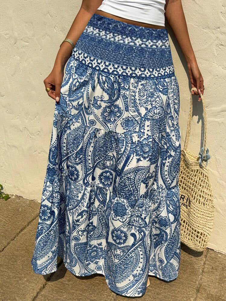 Smocked Waist Paisley Bohemian Maxi Skirt