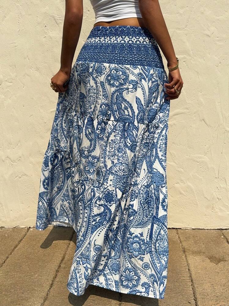 Smocked Waist Paisley Bohemian Maxi Skirt - view 1