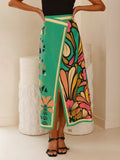 Tropical Print Wrap Maxi Skirt With Slit - green