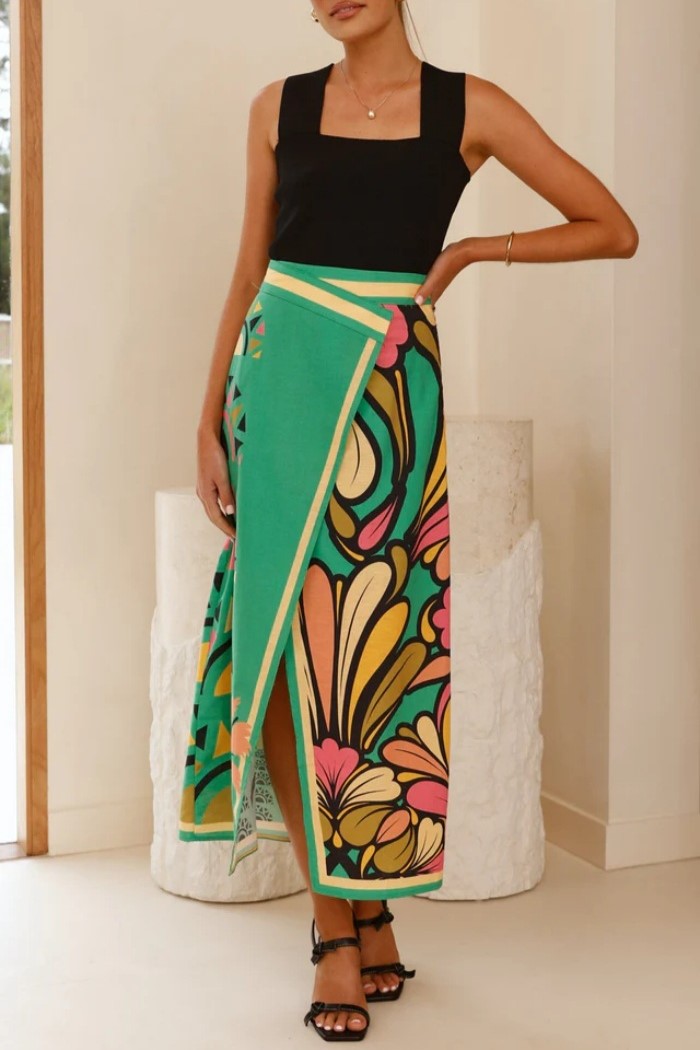 Tropical Print Wrap Maxi Skirt With Slit - green - 4