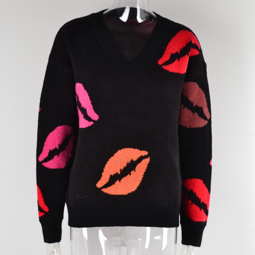 Lip Jacquard Contrast V Neck Knit Sweater - Black