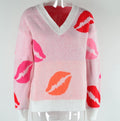 Lip Jacquard Contrast V Neck Knit Sweater - White