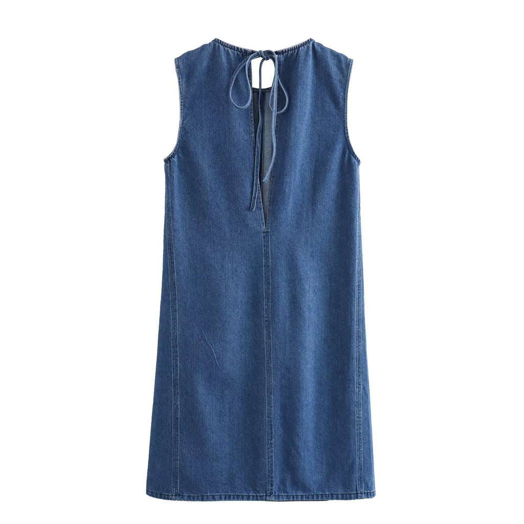 Keyhole Tie Back Paneled Denim Mini Dress - Blue