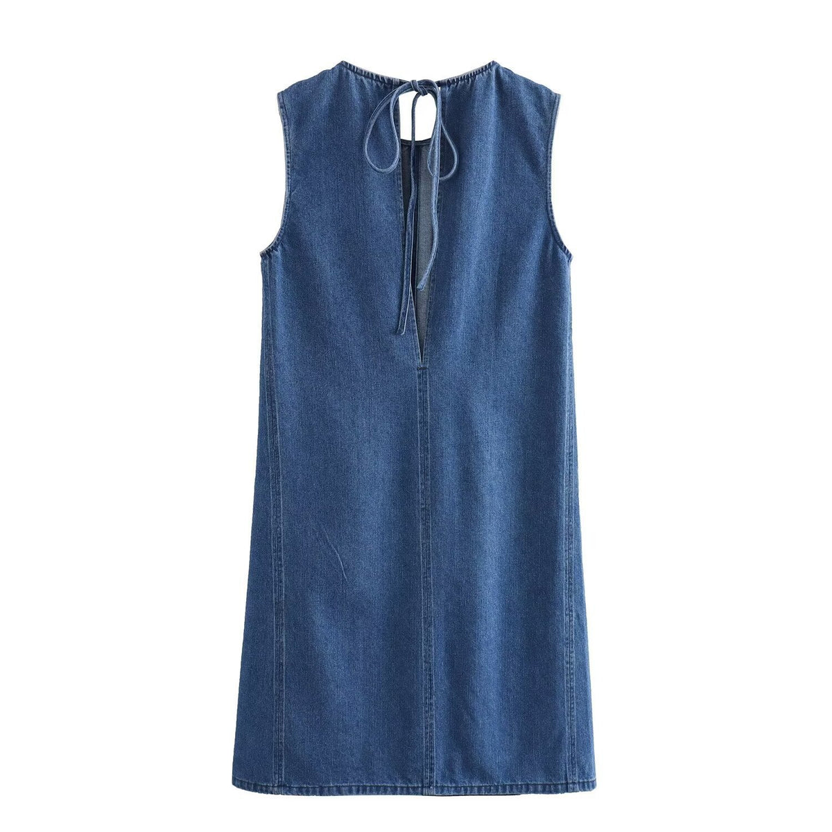 Keyhole Tie Back Paneled Denim Mini Dress - Blue