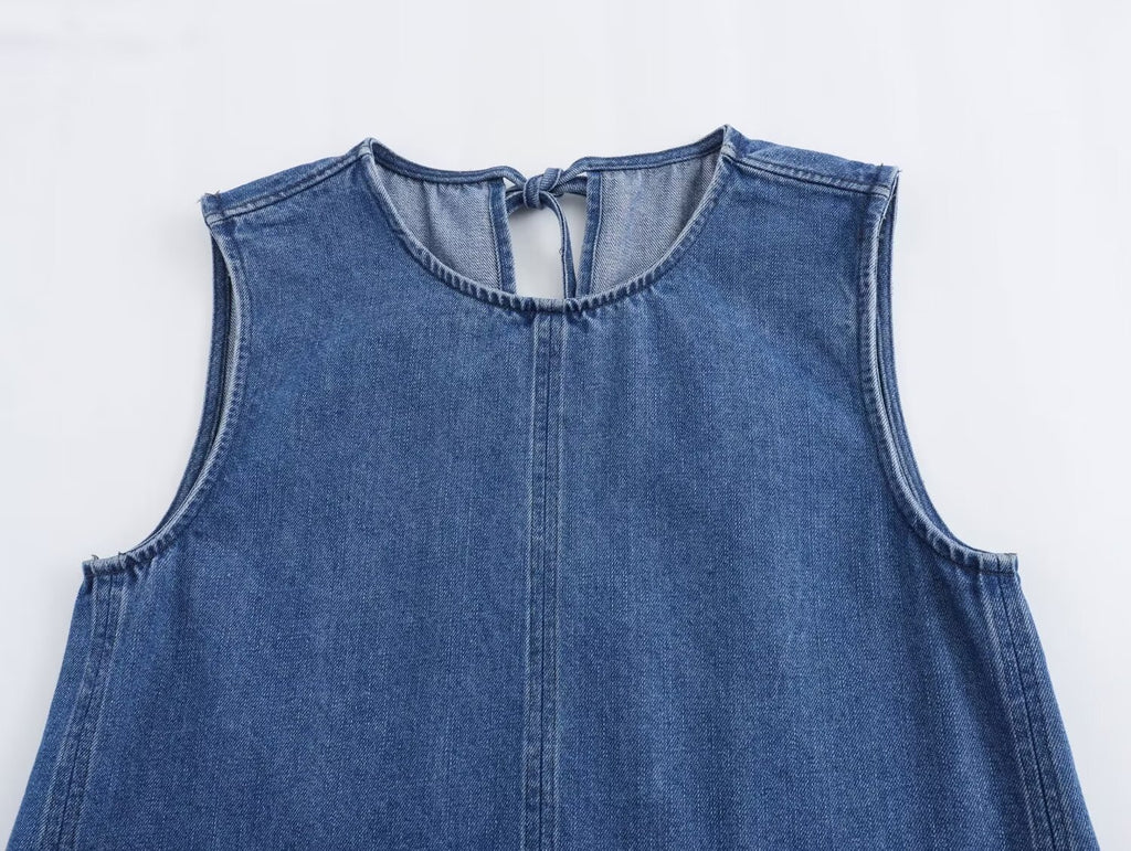 Keyhole Tie Back Paneled Denim Mini Dress - Blue - 1