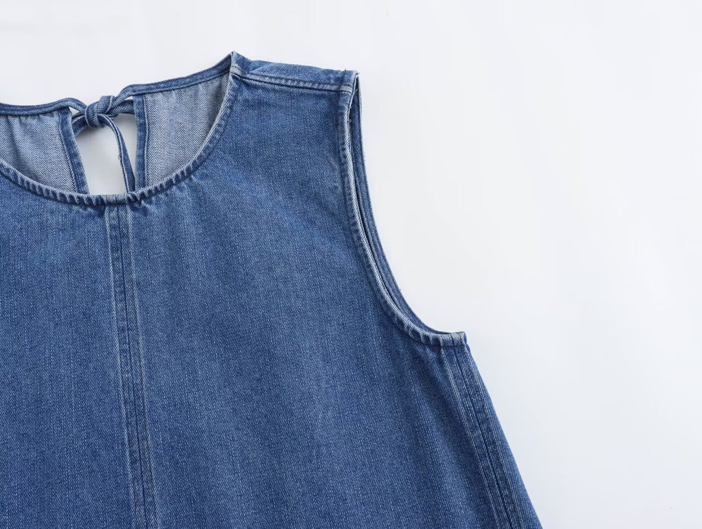 Keyhole Tie Back Paneled Denim Mini Dress - Blue - 2