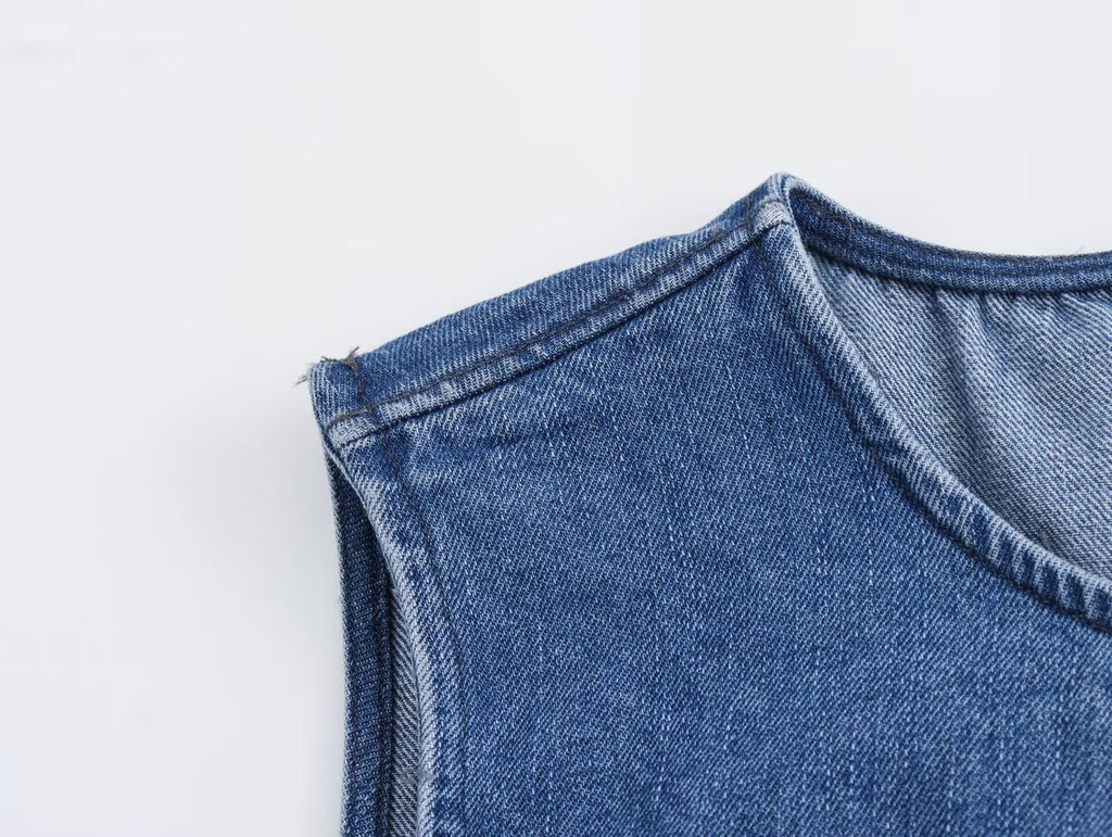 Keyhole Tie Back Paneled Denim Mini Dress - Blue - 3
