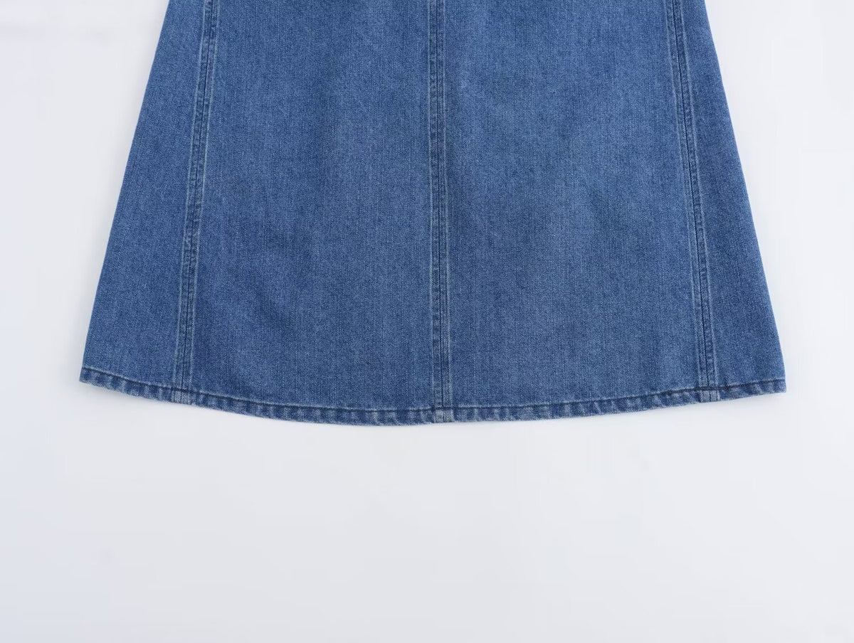 Keyhole Tie Back Paneled Denim Mini Dress - Blue - 4