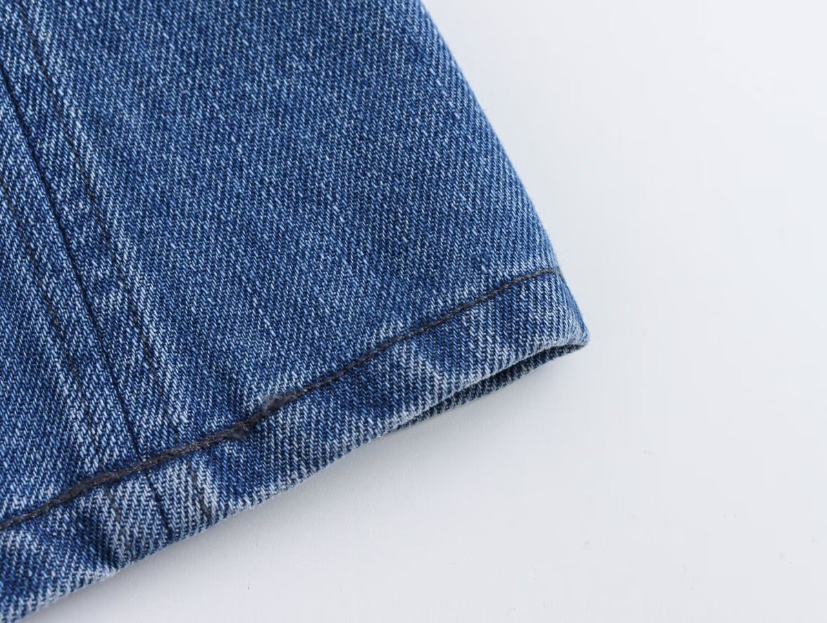 Keyhole Tie Back Paneled Denim Mini Dress - Blue - 5