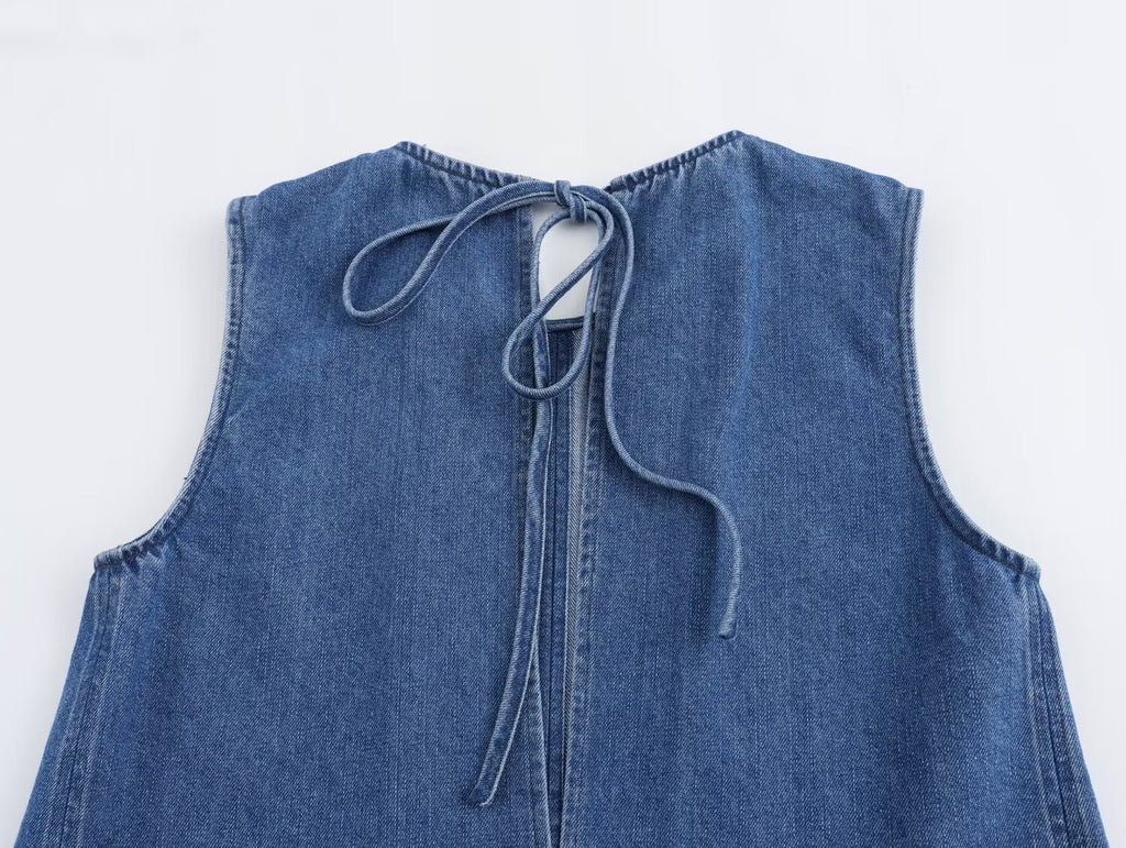 Keyhole Tie Back Paneled Denim Mini Dress - Blue - 7