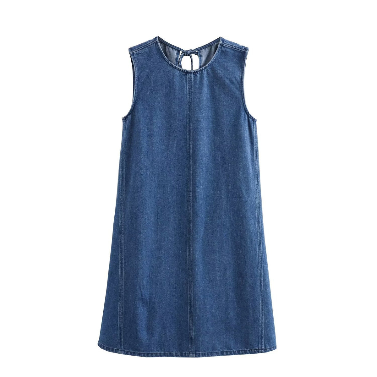 Keyhole Tie Back Paneled Denim Mini Dress