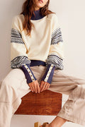 Patterned Sleeve Mock Neck Slouchy Sweater - Beige