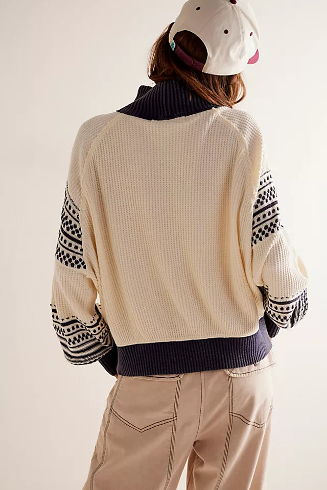 Patterned Sleeve Mock Neck Slouchy Sweater - Beige - 1