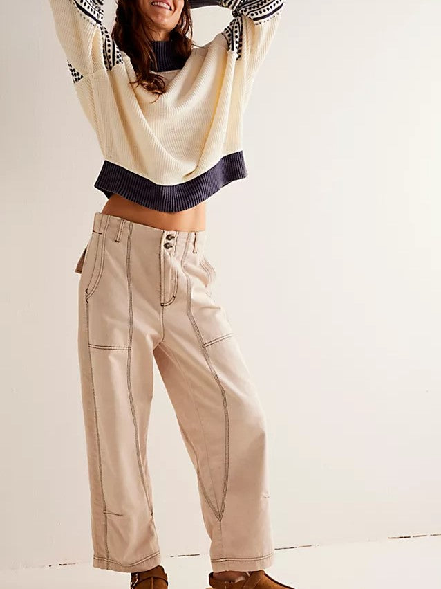 Patterned Sleeve Mock Neck Slouchy Sweater - Beige - 2