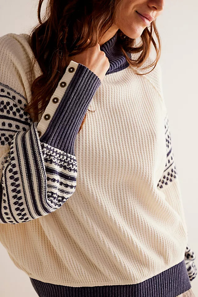 Patterned Sleeve Mock Neck Slouchy Sweater - Beige - 3