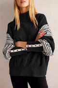 Patterned Sleeve Mock Neck Slouchy Sweater - Black