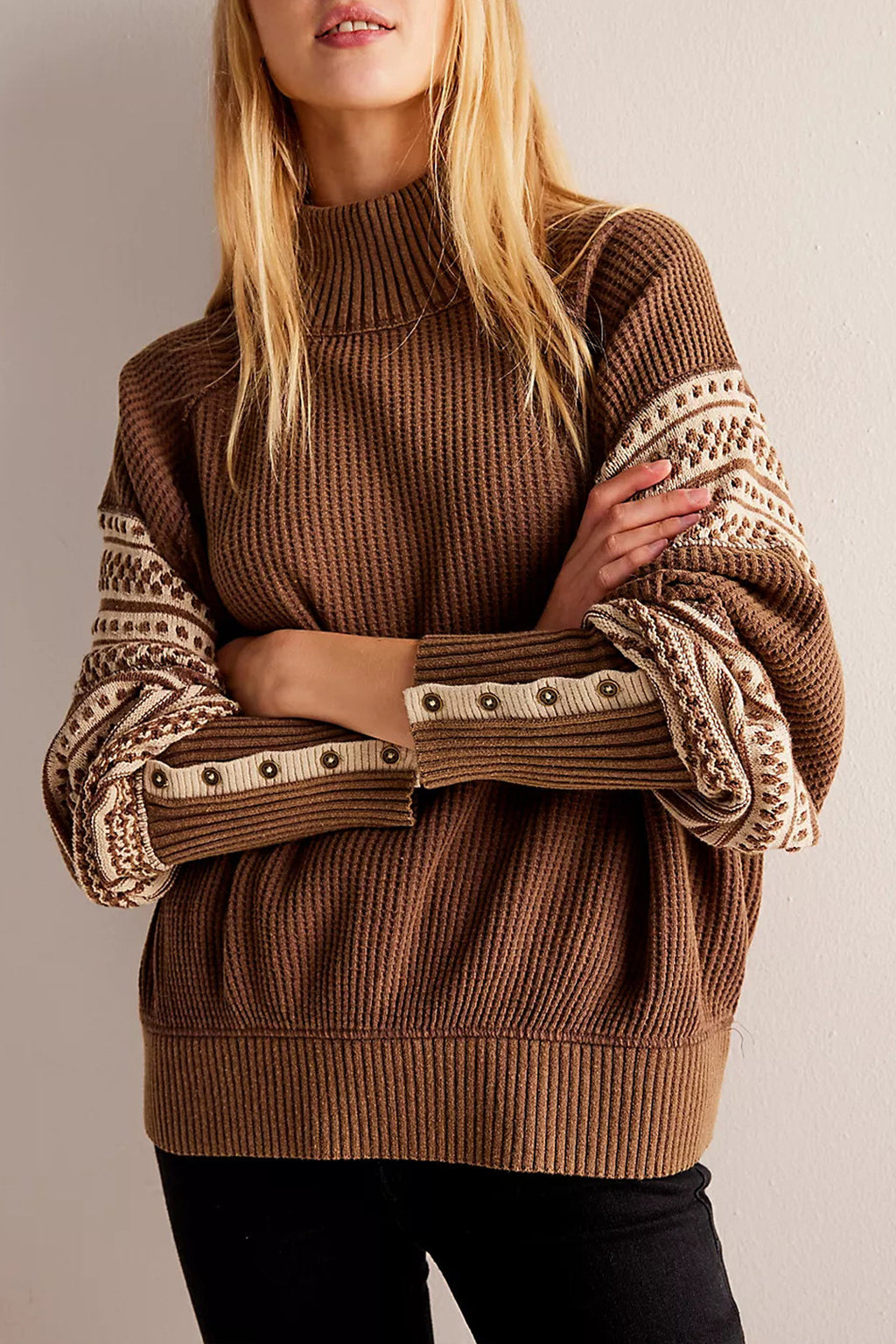 Patterned Sleeve Mock Neck Slouchy Sweater - Coffee - 1