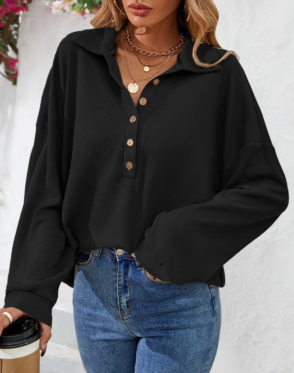 Collared Half Button Waffle Knit Top - Black
