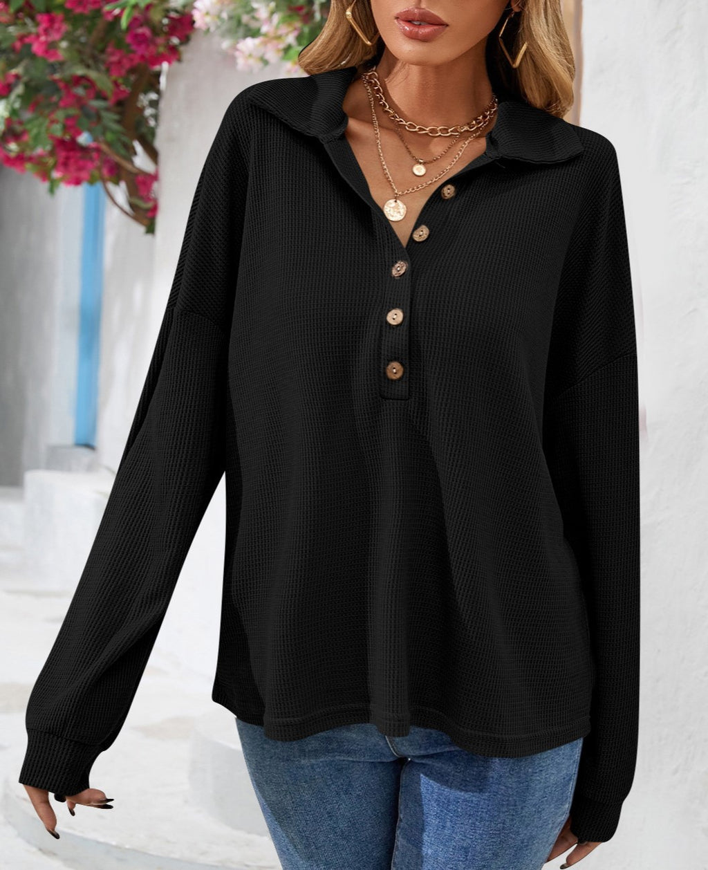 Collared Half Button Waffle Knit Top - Black - 2