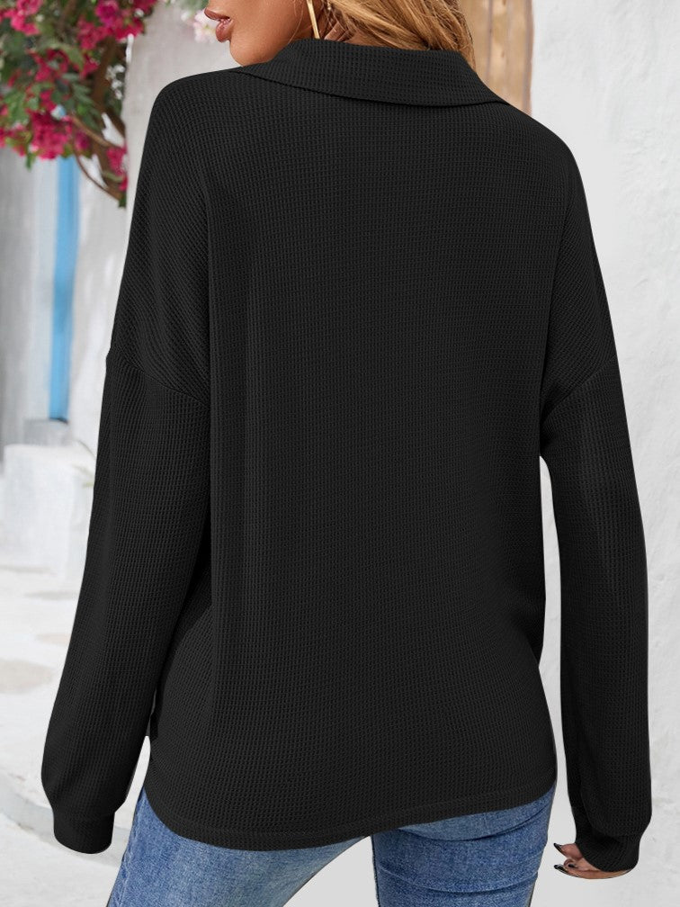 Collared Half Button Waffle Knit Top - Black - 3