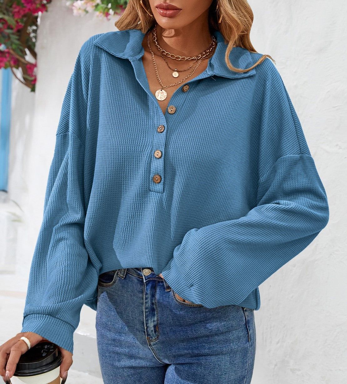 Collared Half Button Waffle Knit Top - Blue - 1