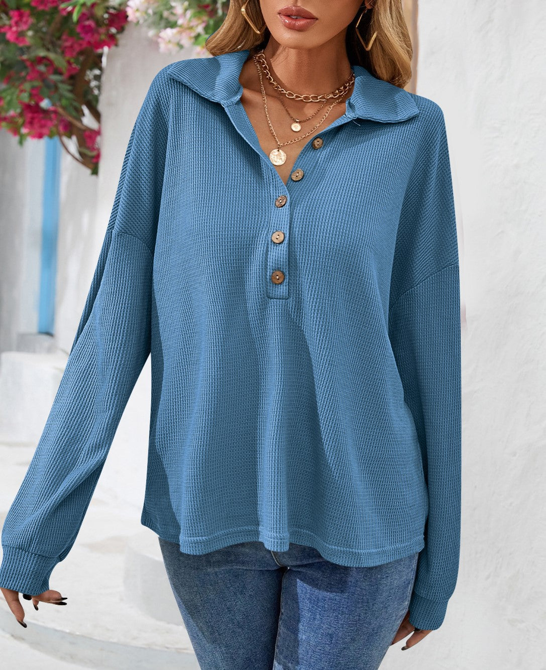 Collared Half Button Waffle Knit Top - Blue - 2
