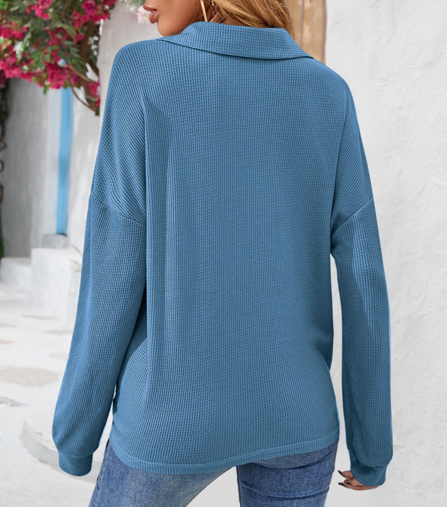 Collared Half Button Waffle Knit Top - Blue - 3