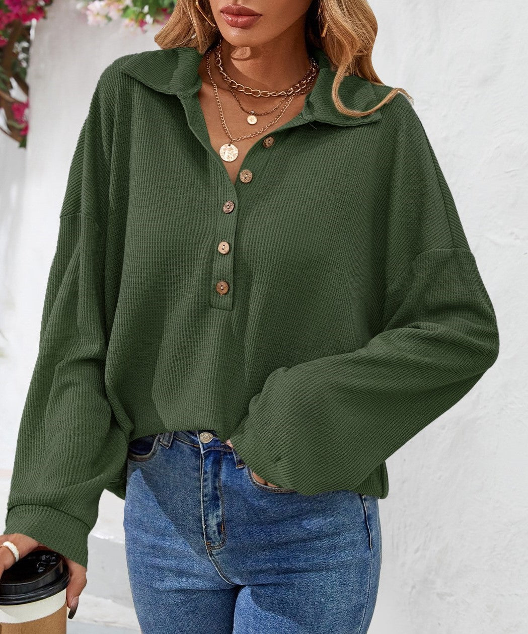 Collared Half Button Waffle Knit Top - Green