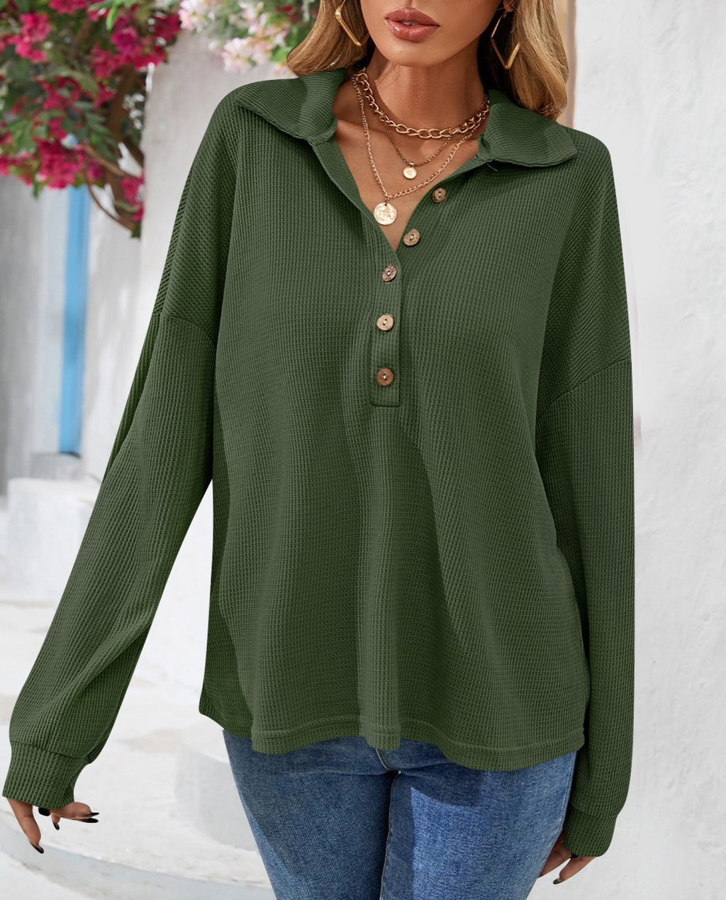 Collared Half Button Waffle Knit Top - Green - 2