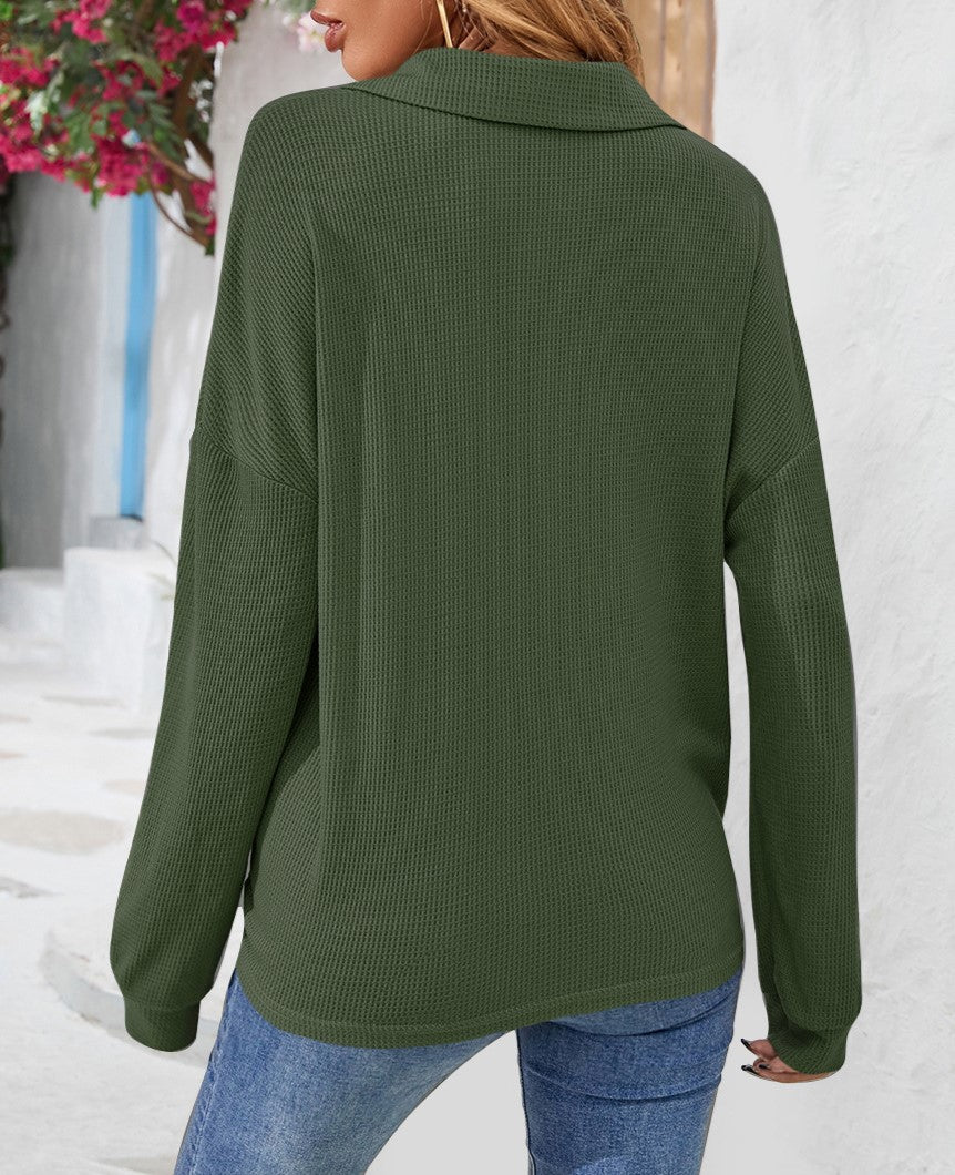Collared Half Button Waffle Knit Top - Green - 3