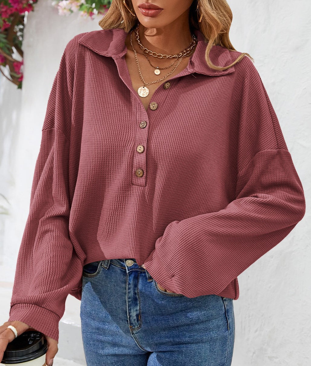 Collared Half Button Waffle Knit Top - Red