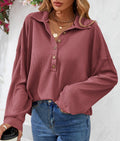 Collared Half Button Waffle Knit Top - Red