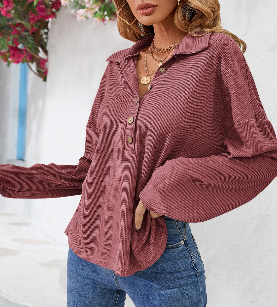 Collared Half Button Waffle Knit Top - Red - 1
