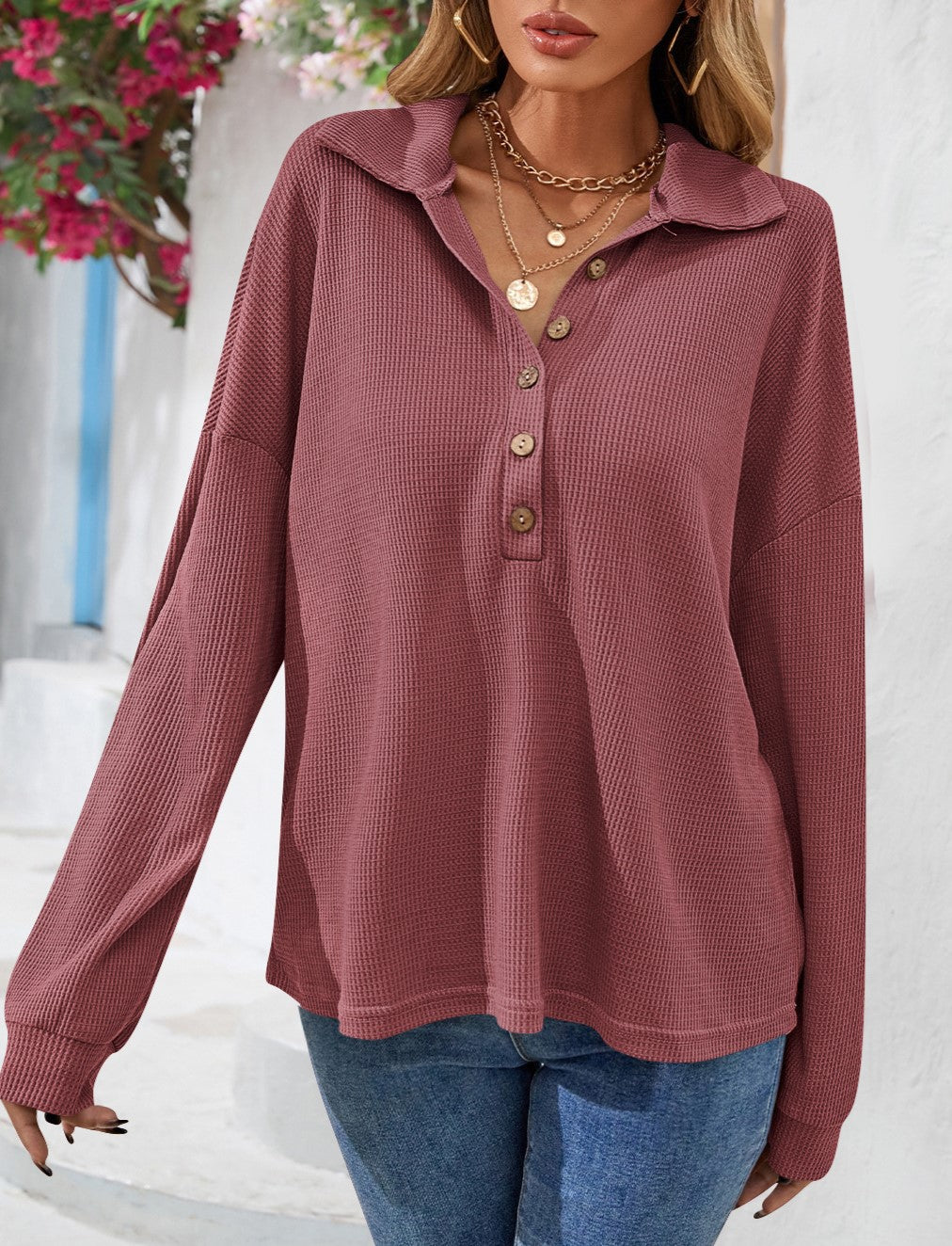 Collared Half Button Waffle Knit Top - Red - 2