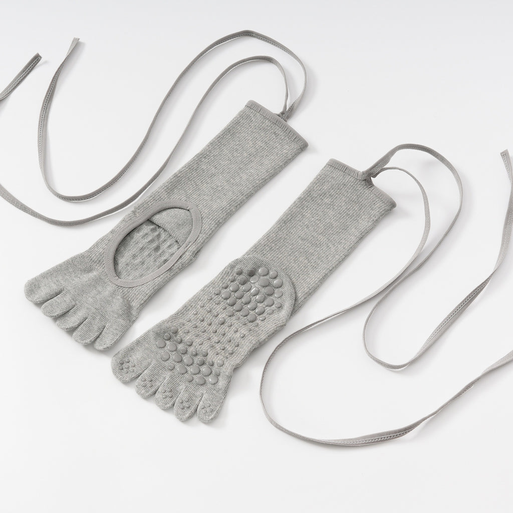 Five Toe Yoga Socks With Ballet Ankle Ties - Gray - 1