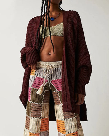 Slouchy Open Front Duster Knit Cardigan - Burgundy