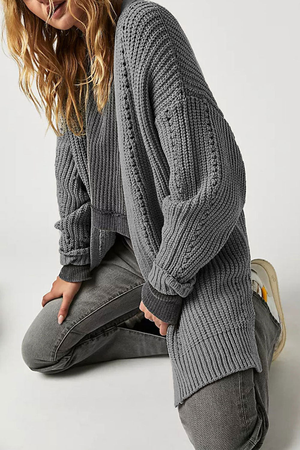Slouchy Open Front Duster Knit Cardigan - Grey