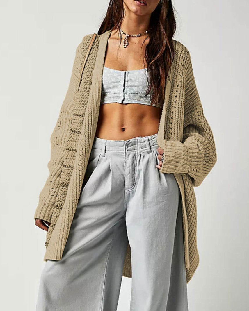 Slouchy Open Front Duster Knit Cardigan - Khaki