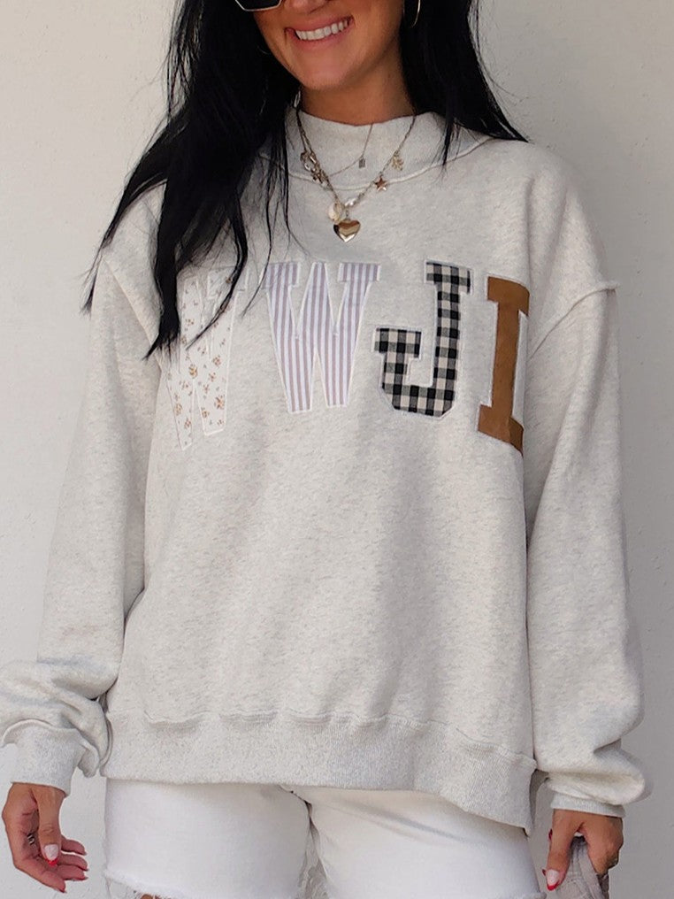 Faith Letter Patchwork Mock Neck Oversized Sweatshirt - Grey