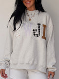 Faith Letter Patchwork Mock Neck Oversized Sweatshirt - Grey
