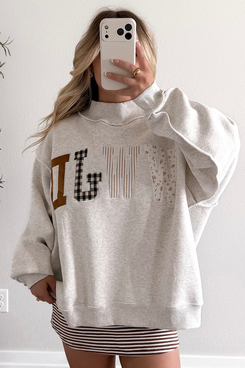 Faith Letter Patchwork Mock Neck Oversized Sweatshirt - Grey - 1